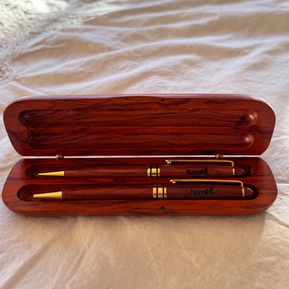 Harrah's Laughlin 12th Anniversary Rosewood Pen Pencil Set Wood Case Casino Vtg